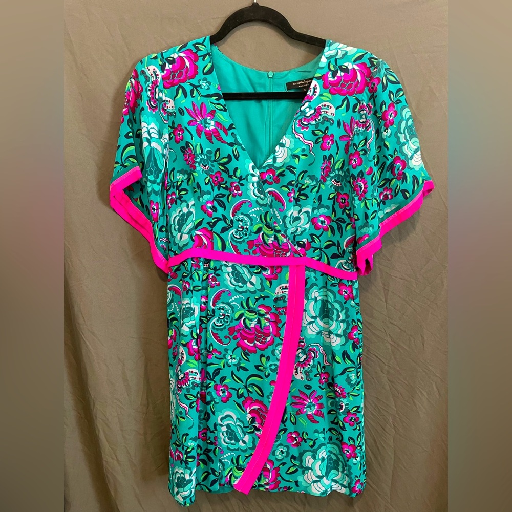 Nanette Lepore 100% Silk Faux Wrap Dress, Teal and Pink, Floral, Size 6 Women’s